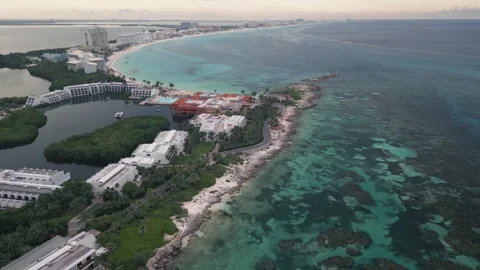 Aerial high angle of Cancun Mexico Riviera Maya Hotel zone Caribbean Sea Stock Footage 251588529