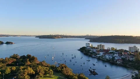 Aerial high angle drone sunset footage flying over the Sydney Harbour area Stock Footage 142246266