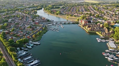 Aerial High Angle Flying Over River In Southampton City Towards Bridge At Sunset Stock Footage 314286776