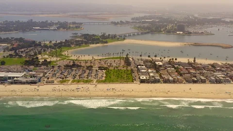 Aerial High Angle Pan from Left to Right of Mission Beach San Diego Stock Footage 114297775