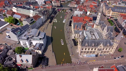 Aerial high angle panoramic view looking down over a scenic river canal Stock Footage 339412053