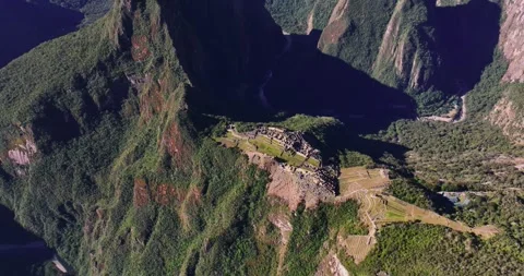 Aerial high angle view of the ancient Incan citadel of Machu Picchu in Peru Stock-Footage 343694698
