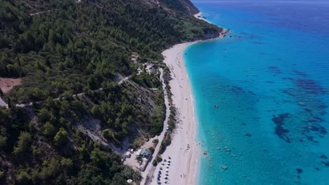 Aerial High Angle View of Avali Beach Coastline and Parking in Lefkada Greece Stock Footage 343851788