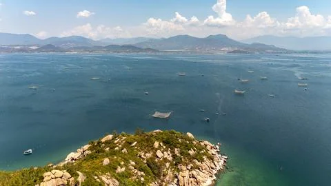 Aerial High Angle View of Binh Lap Bay with Traditional Fishing Lift Nets Stock Photos