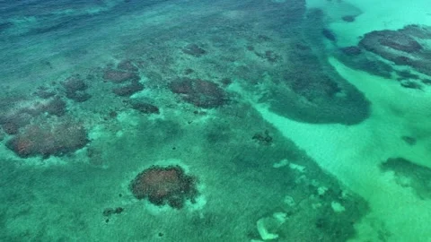 Aerial high-angle view on blue tropical ocean coral reefs. Paradise sea. Stock Footage 157366206