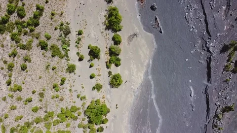 Aerial high angle view of desert volcanic landscape around Osorno Volcano Stock Footage 133018225