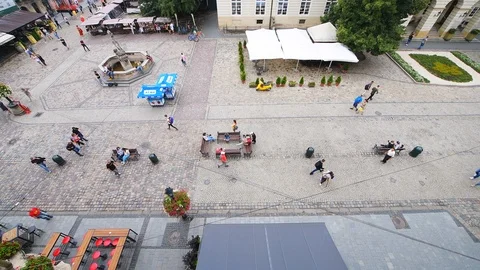 Aerial high angle view on Lviv, Ukraine old town market square, people walking Stock Footage 111962991