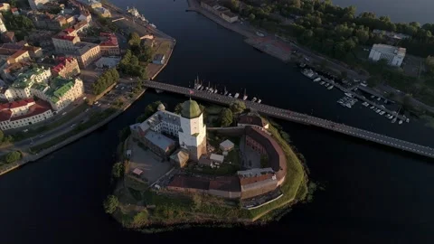 Aerial high angle view of a medieval Swedish castle fortress in Vyborg old town Stock-Footage 171284461