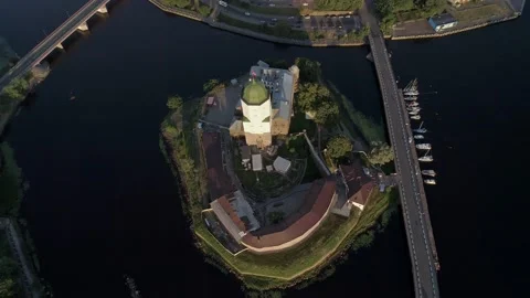 Aerial high angle view of a medieval Swedish castle fortress in Vyborg old town Stock Footage 171284584