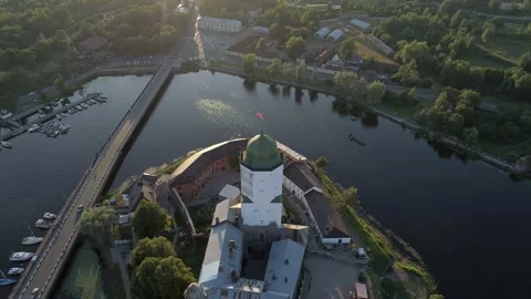 Aerial high angle view of a medieval Swedish castle fortress in Vyborg old town Stock Footage 171285495