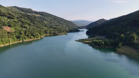 Aerial High Angle View of Winding Mountain Lake and Green Forest Hills Stock Footage 345482699