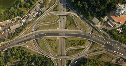 Aerial high drone in 4K flight over evening road traffic in Kiev, Ukraine. Stock Footage 113199336