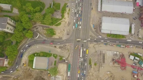 Aerial high drone flight over evening road traffic 動画素材 109061497