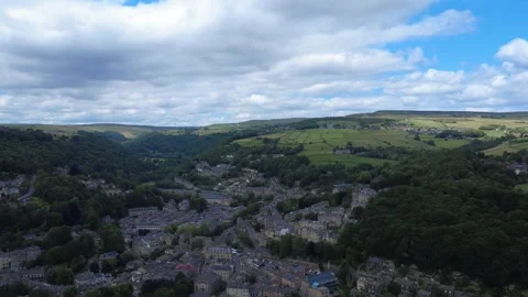 Aerial high drone view of hebden bridge showing the town Stockbeeldmateriaal 313164803