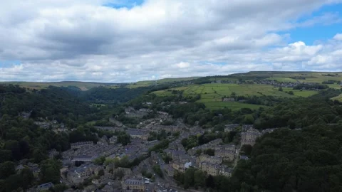 Aerial high drone view of hebden bridge showing the town Stockbeeldmateriaal 313276017