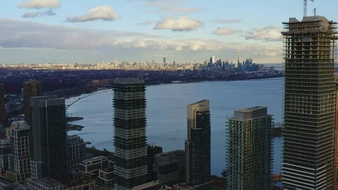Aerial of high-rise buildings developing on Humber Bay shores, Toronto. Video stock 114698177