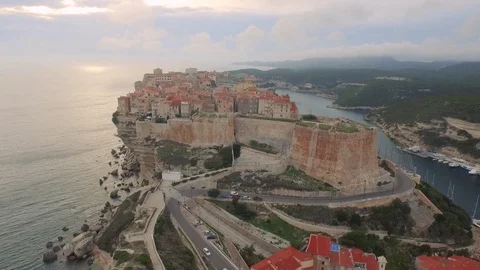 Aerial high vertical city on cliffs next to the sea bonifaciao 2016 Stock Footage 82430430