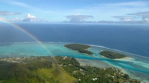 Aerial high view of multicolor rainbow Tiahura Fareone Moorea island of frenc Stock-Footage 93584910