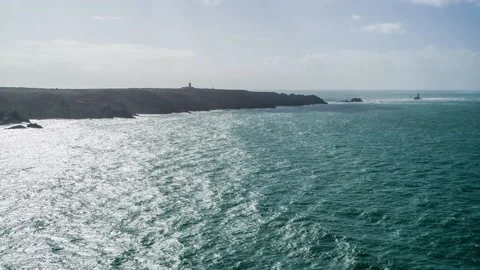 Aerial high view of Semaphore of Pointe du Raz and lighthouse Stock Footage 131513769