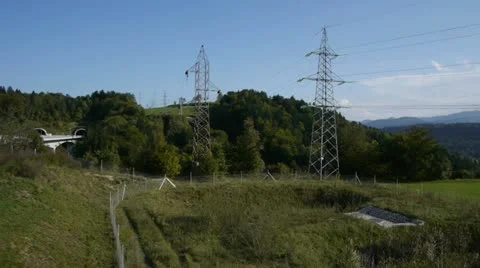 AERIAL: High voltage tower Stock Footage 20588982