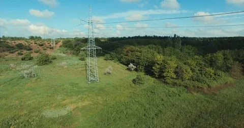 AERIAL: High voltage tower Stock Footage 76194539