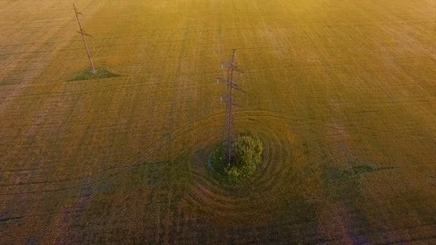 AERIAL High-voltage tower summer warm evening light camera fly around orbit over Video stock 79854657