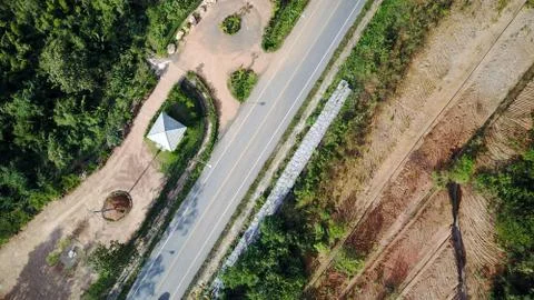 Aerial highway creek beneath transportation Stock Photos