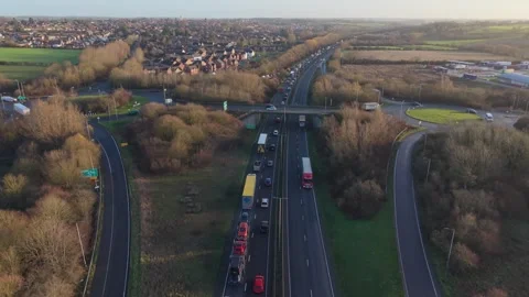 Aerial Highway View During Rush Hour With Long Queue Of Lorries And Trucks Stock Footage 333284643