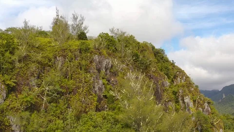 Aerial of hill with trees and cloudy blue sky, Rarotonga, Cook Islands Stock Footage 137967632