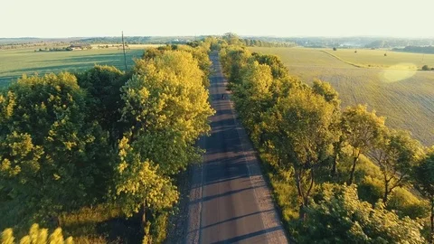 Aerial: the hills of the Carpathians, the camera follows a motorcyclist on the Stock Footage