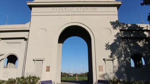 Aerial of the Historic Haskell Memorial Arch and Stadium Vídeos de archivo 337652893