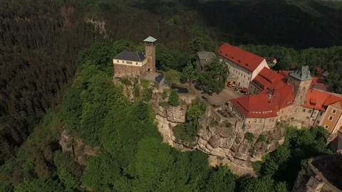 Aerial of Hohnstein Castle on top of the cliff Stock Footage 116198331