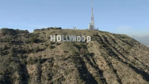 Aerial Hollywood Sign on Mountain Forward California USA Stock Footage