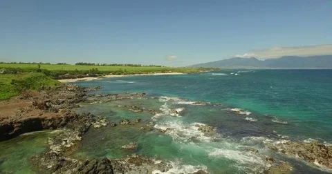 Aerial Hookipa Beach Rocks Jib Down Stock Footage 78554334