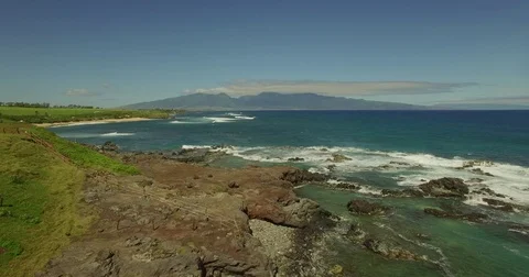 Aerial Hookipa Beach Rocky Point Jib Down Barbed Wire Fence Video stock 78555826