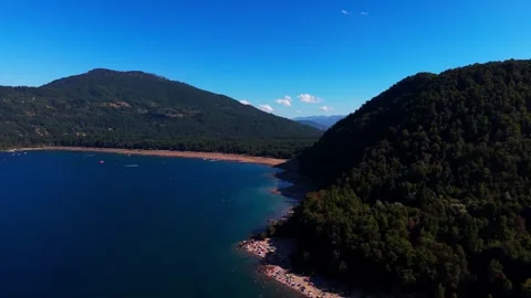 Aerial Horizontal Forward View of a Forested Lake Coastline and Beach Packe.. Video stock 339252290
