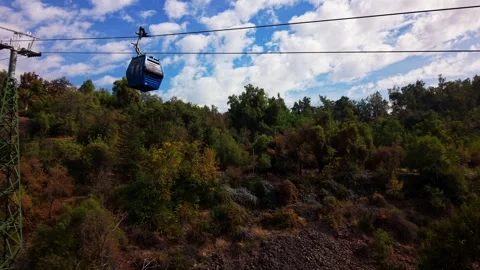 Aerial Horizontal Tracking View of Blue and Red Cable Cars with Santiago Ci.. Stock Footage 339254139