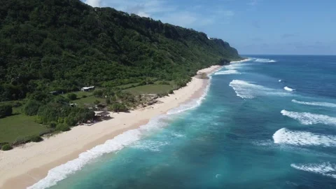 Aerial hover above remote coastline, Nyang Nyang Beach Bali Stock Footage 328993904