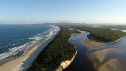 Aerial hovering over Nambucca river delta at Pacific ocean over beach as 4k. Stock Footage 205161430
