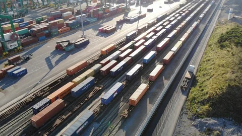 Aerial of a Huge Port Unloading Containers in Genoa Italy, on 2019 Stock Footage 105380664