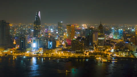 Aerial Hyper Lapse of Downtown Sai Gon - Ho Chi Minh city, Viet Nam Stock Footage 166333669