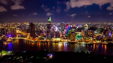 Aerial Hyper lapse Ho Chi Minh City at night Video stock 144831954
