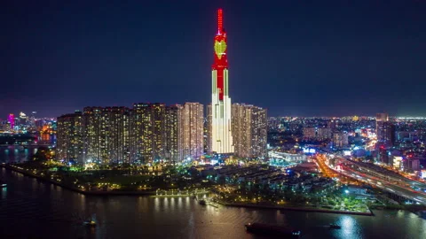 Aerial Hyper lapse Ho Chi Minh City at night - Vinhomes Landmark 81 Video stock 144832171