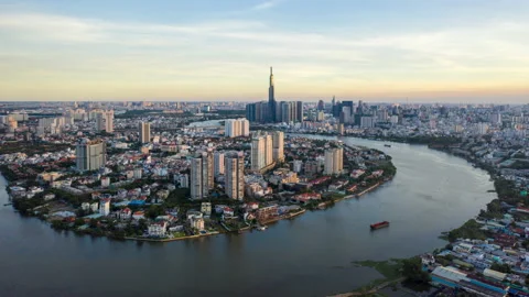 Aerial Hyper lapse Ho Chi Minh City in sunset Video stock 144832212