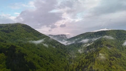 Aerial hyper lapse of mountain landscape with fog moving above green forest Stock-Footage 308962467