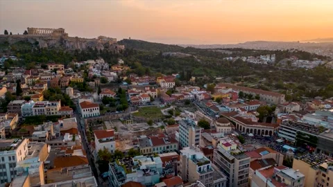 Aerial hyper lapse sunset view of the skyline of Athens, Greece Vídeo Stock 262069140