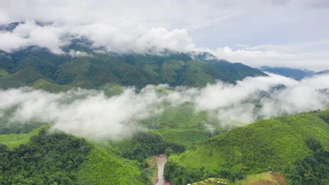 Aerial Hyper lapse Time lapse. Over mountains and covered with dense ground fog  Stock Footage 141523043
