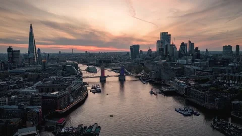 Aerial hyper lapse view of the illuminated Tower Bridge London Video stock 263918142