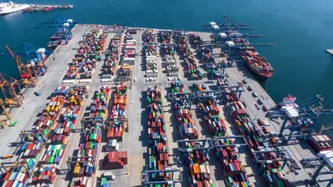 Aerial hyper lapse view of a industrial cargo container terminal Stock Footage 274267619