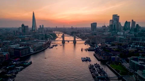 Aerial hyper time lapse sunset view of the iconic Tower Bridge Stock Footage 264156627
